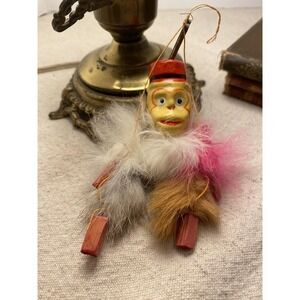 Antique  Celluloid Monkey toy Hanging Bouncy Spring Feathers
